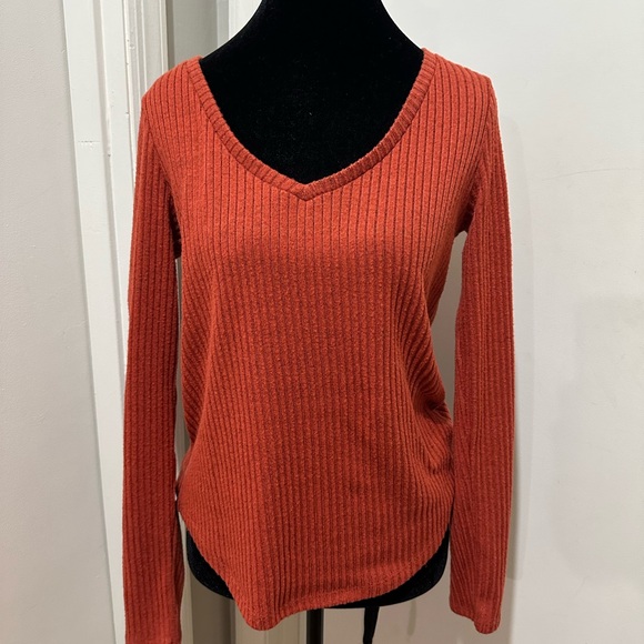 Ribbed V-Neck Sweater in Rust - Picture 1 of 4